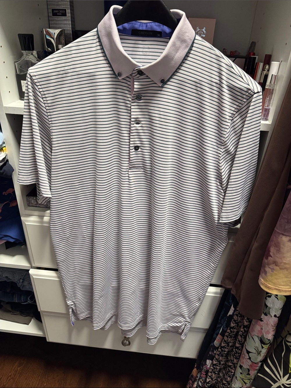 Greyson Men’s White Polo with Thin Gray Stripes
